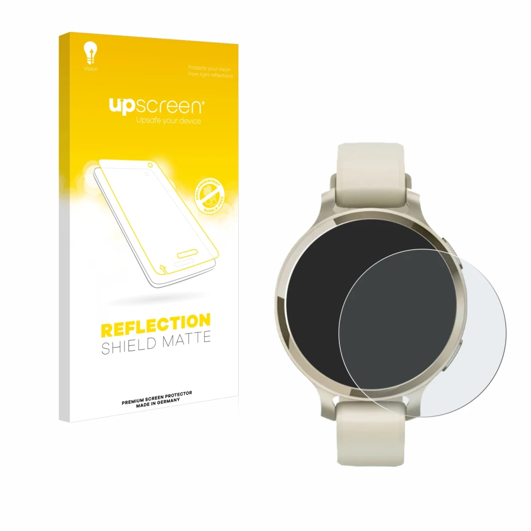 Vorderseite einer Produktverpackung mit dem Markenlogo upscreen. Daneben ist das Gerät Garmin Lily 2 Active mit dem zugehörige
