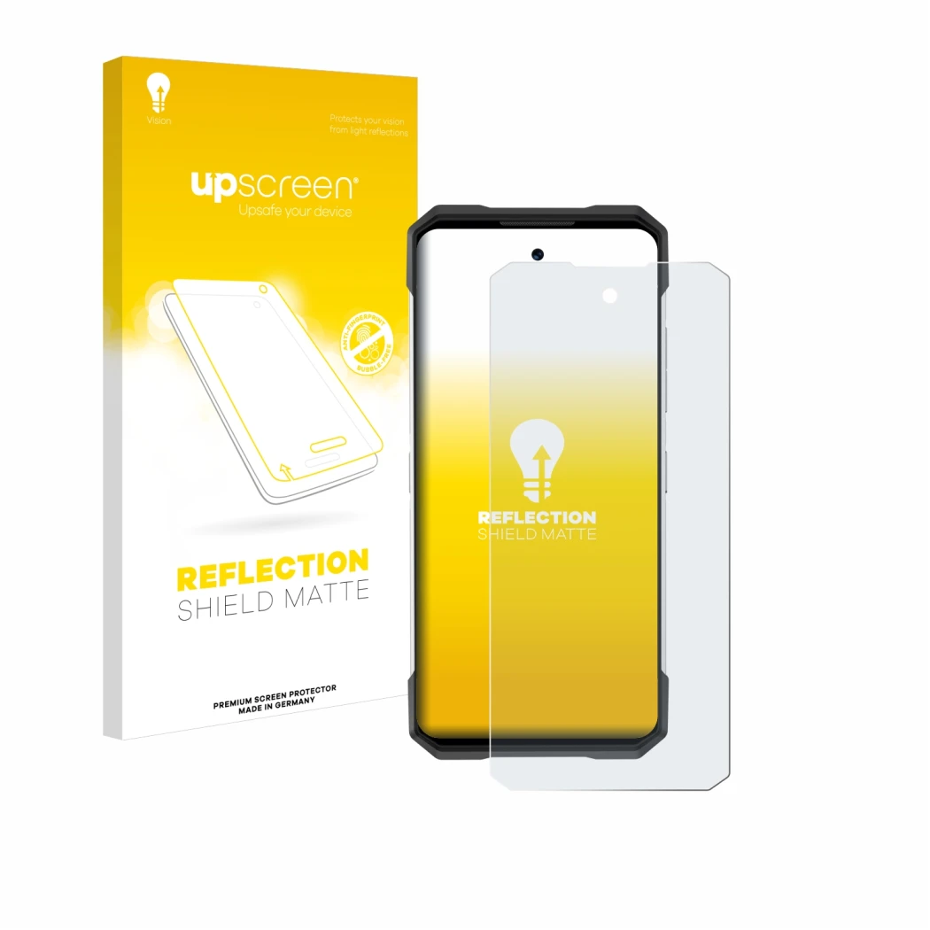 Vorderseite einer Produktverpackung mit dem Markenlogo upscreen. Daneben ist das Gerät Doogee S200 mit dem zugehörigen Display
