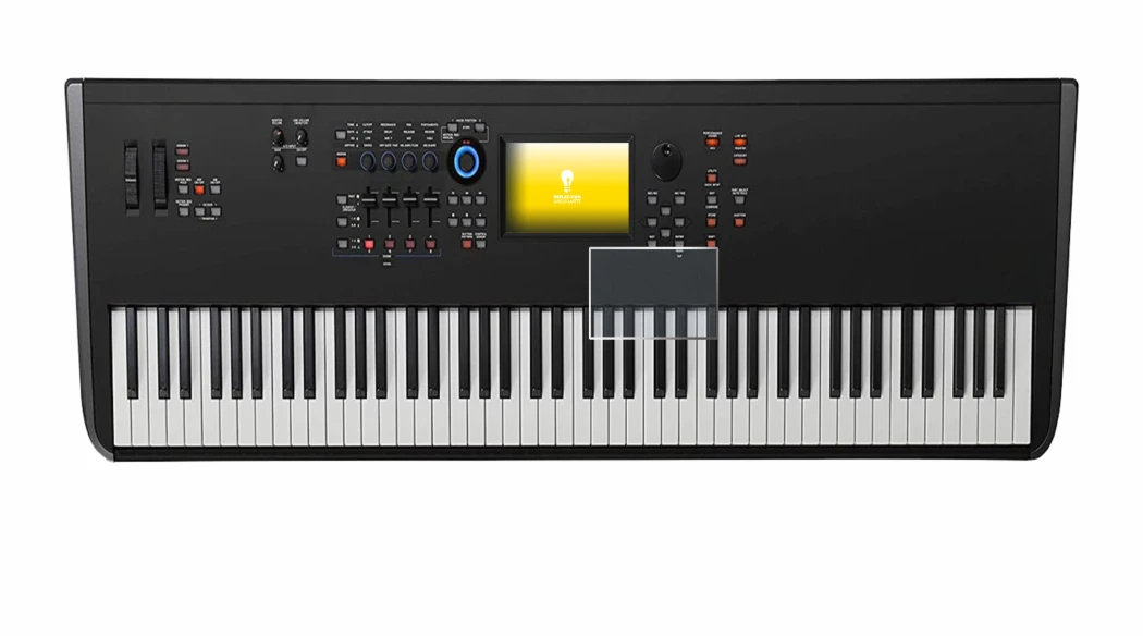 Abbildung des Geräts Yamaha MODX8+ mit einer Vielzahl des Displayschutzes.