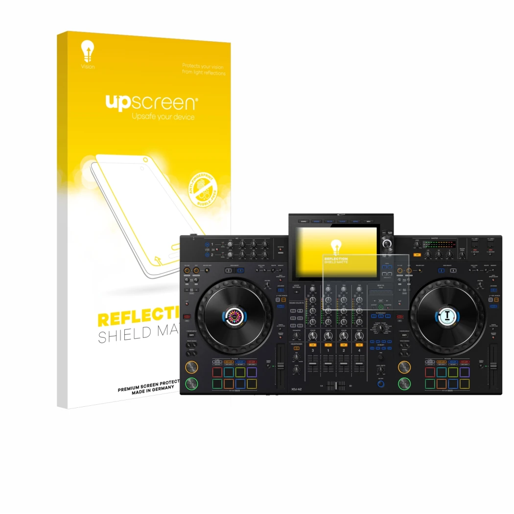 Vorderseite einer Produktverpackung mit dem Markenlogo upscreen. Daneben ist das Gerät AlphaTheta XDJ-AZ mit dem zugehörigen D