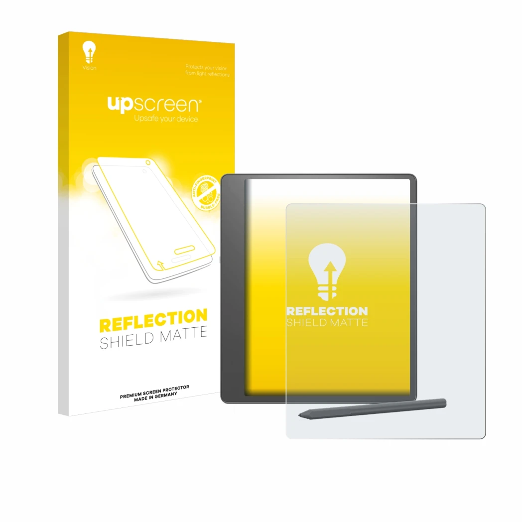 Vorderseite einer Produktverpackung mit dem Markenlogo upscreen. Daneben ist das Gerät Amazon Kindle Scribe 2024 mit dem zugeh