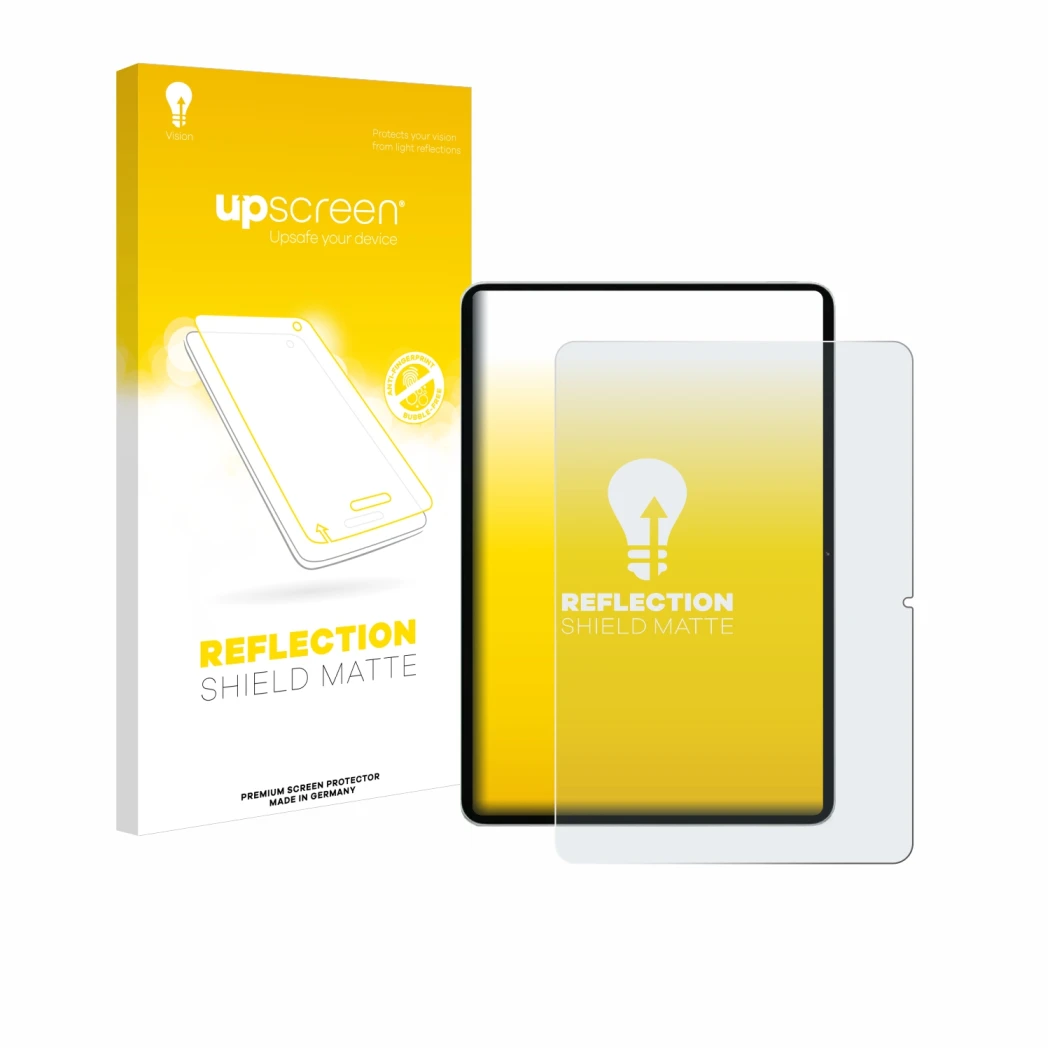 Vorderseite einer Produktverpackung mit dem Markenlogo upscreen. Daneben ist das Gerät Xiaomi Pad 7 mit dem zugehörigen Displa