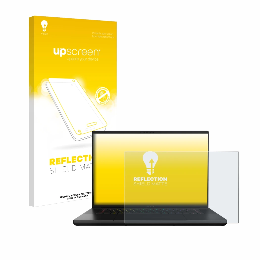 Vorderseite einer Produktverpackung mit dem Markenlogo upscreen. Daneben ist das Gerät Razer Blade 16 2024 mit dem zugehörigen