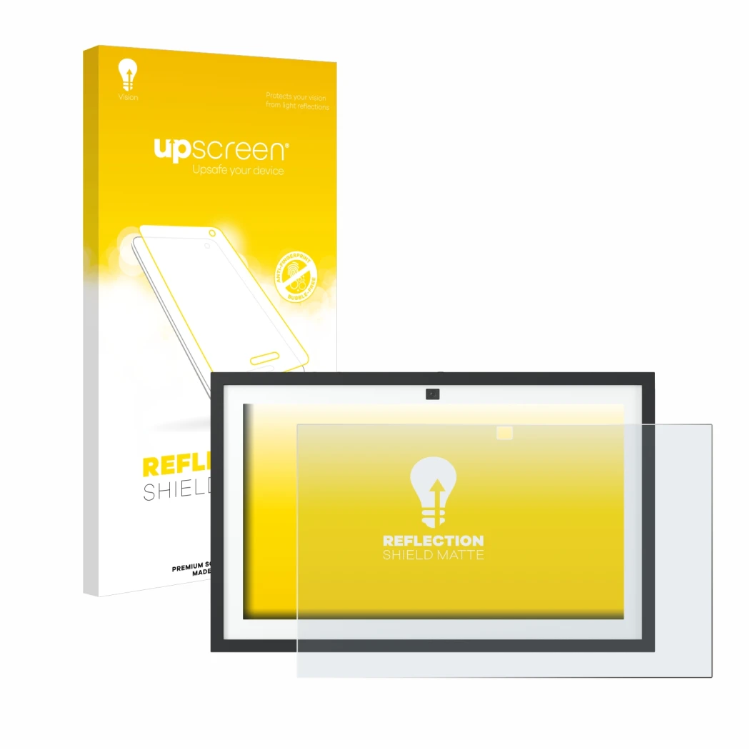 Vorderseite einer Produktverpackung mit dem Markenlogo upscreen. Daneben ist das Gerät Amazon Echo Show 15 2024 mit dem zugehö