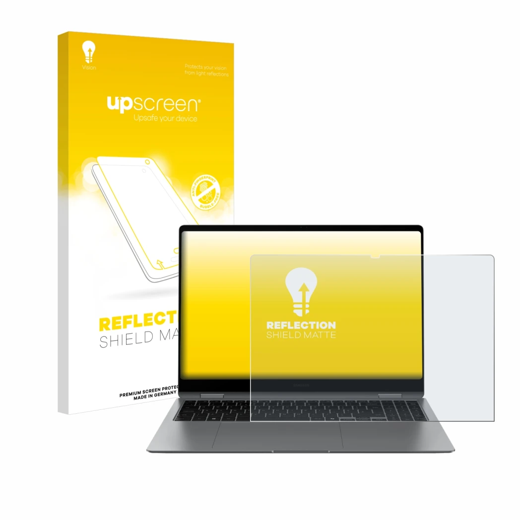 Vorderseite einer Produktverpackung mit dem Markenlogo upscreen. Daneben ist das Gerät Samsung Galaxy Book5 Pro 360 16