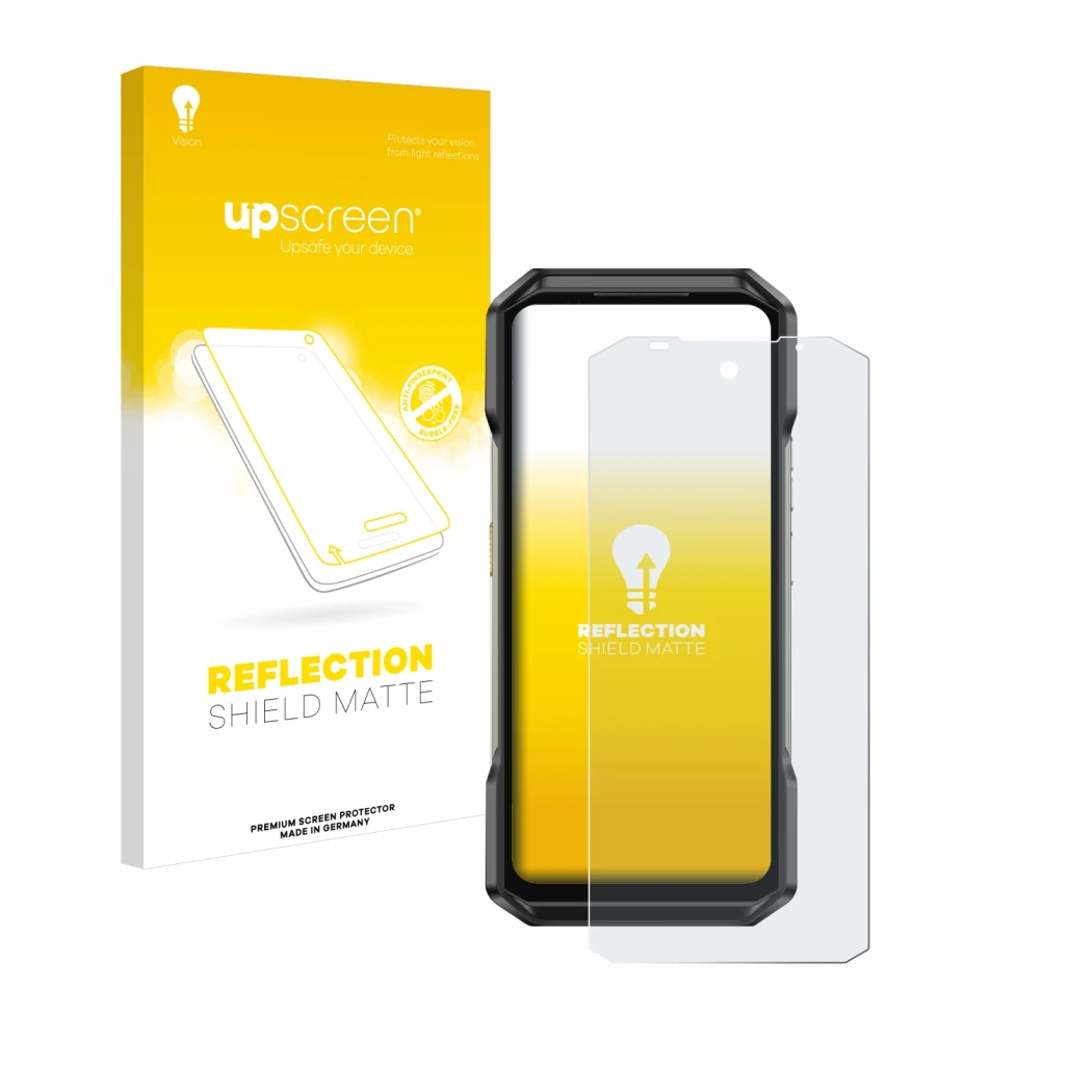 Vorderseite einer Produktverpackung mit dem Markenlogo upscreen. Daneben ist das Gerät Ulefone Armor 27 mit dem zugehörigen Di