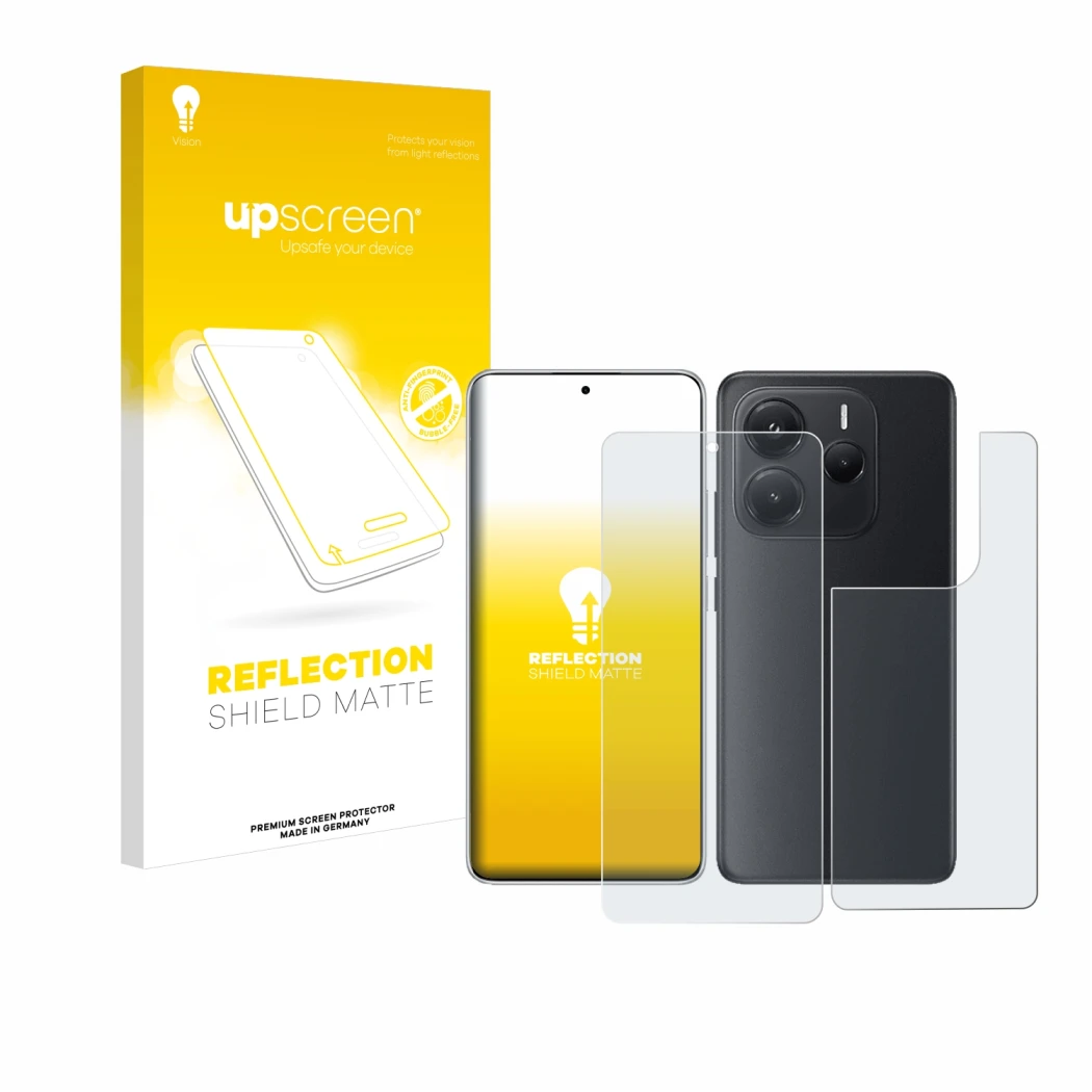Vorderseite einer Produktverpackung mit dem Markenlogo upscreen. Daneben ist das Gerät Xiaomi Redmi Note 14 (Display+Rückseite