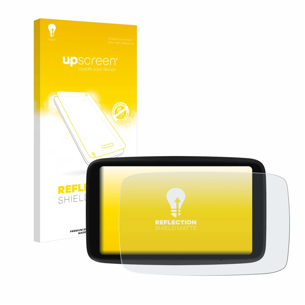 Vorderseite einer Produktverpackung mit dem Markenlogo upscreen. Daneben ist das Gerät TomTom GO Advanced mit dem zugehörigen 