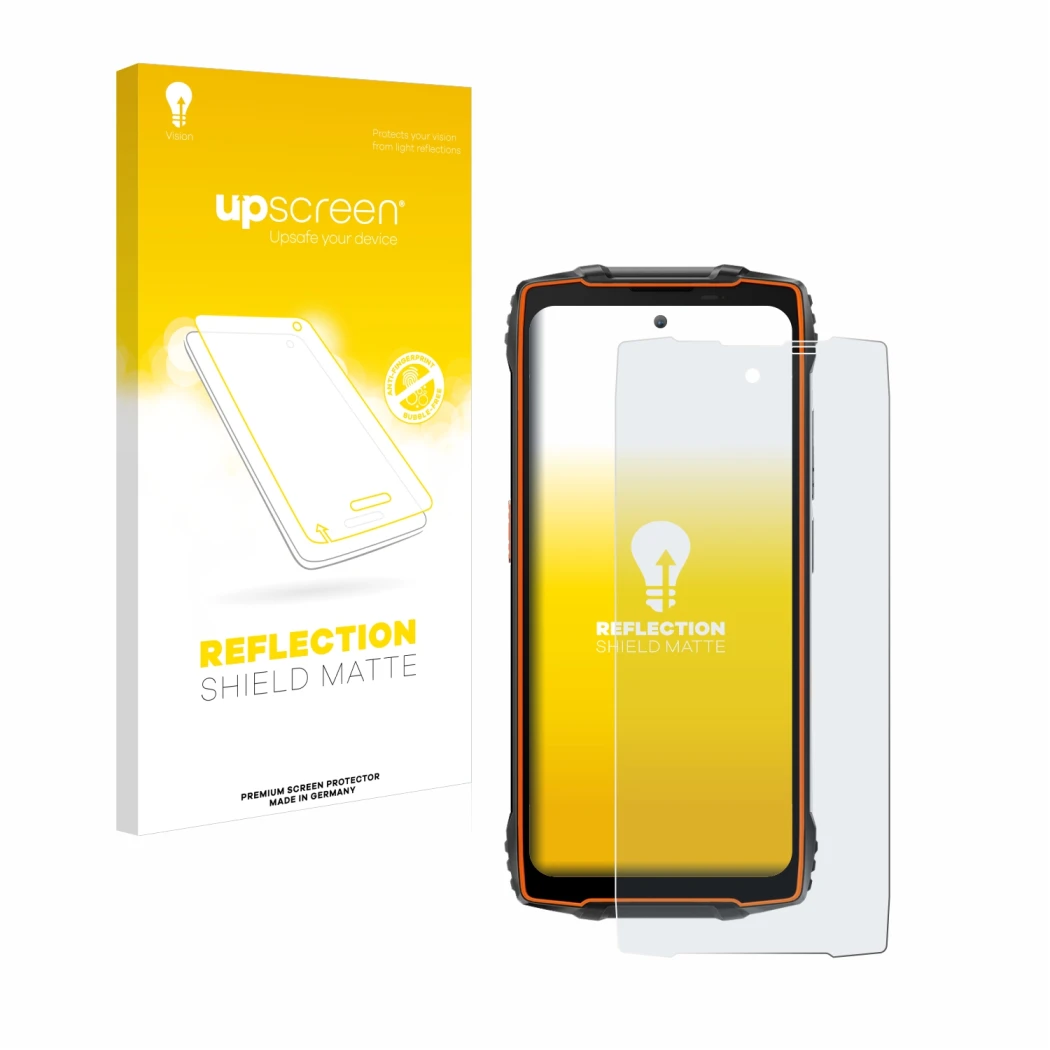 Vorderseite einer Produktverpackung mit dem Markenlogo upscreen. Daneben ist das Gerät Blackview BV8200 mit dem zugehörigen Di