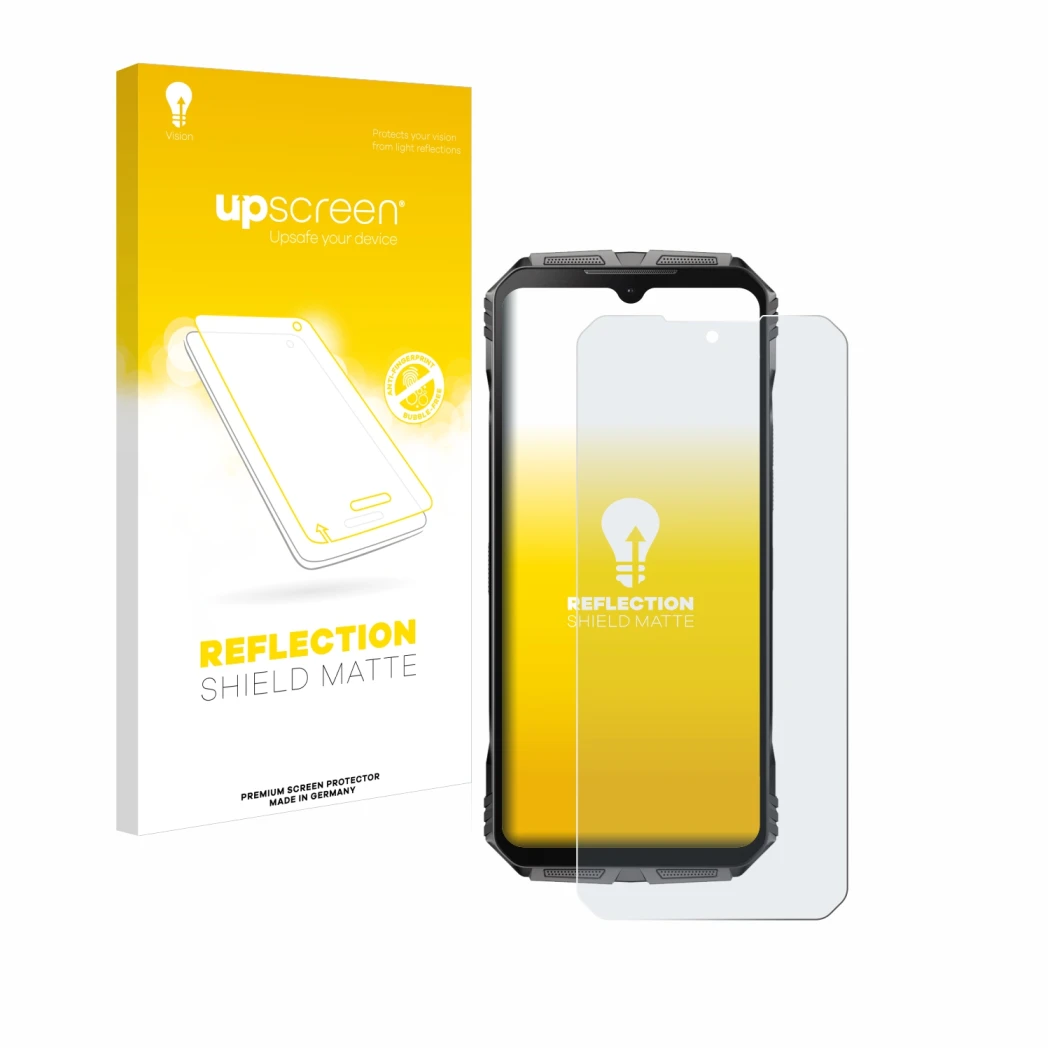 Vorderseite einer Produktverpackung mit dem Markenlogo upscreen. Daneben ist das Gerät Doogee S Cyber mit dem zugehörigen Disp