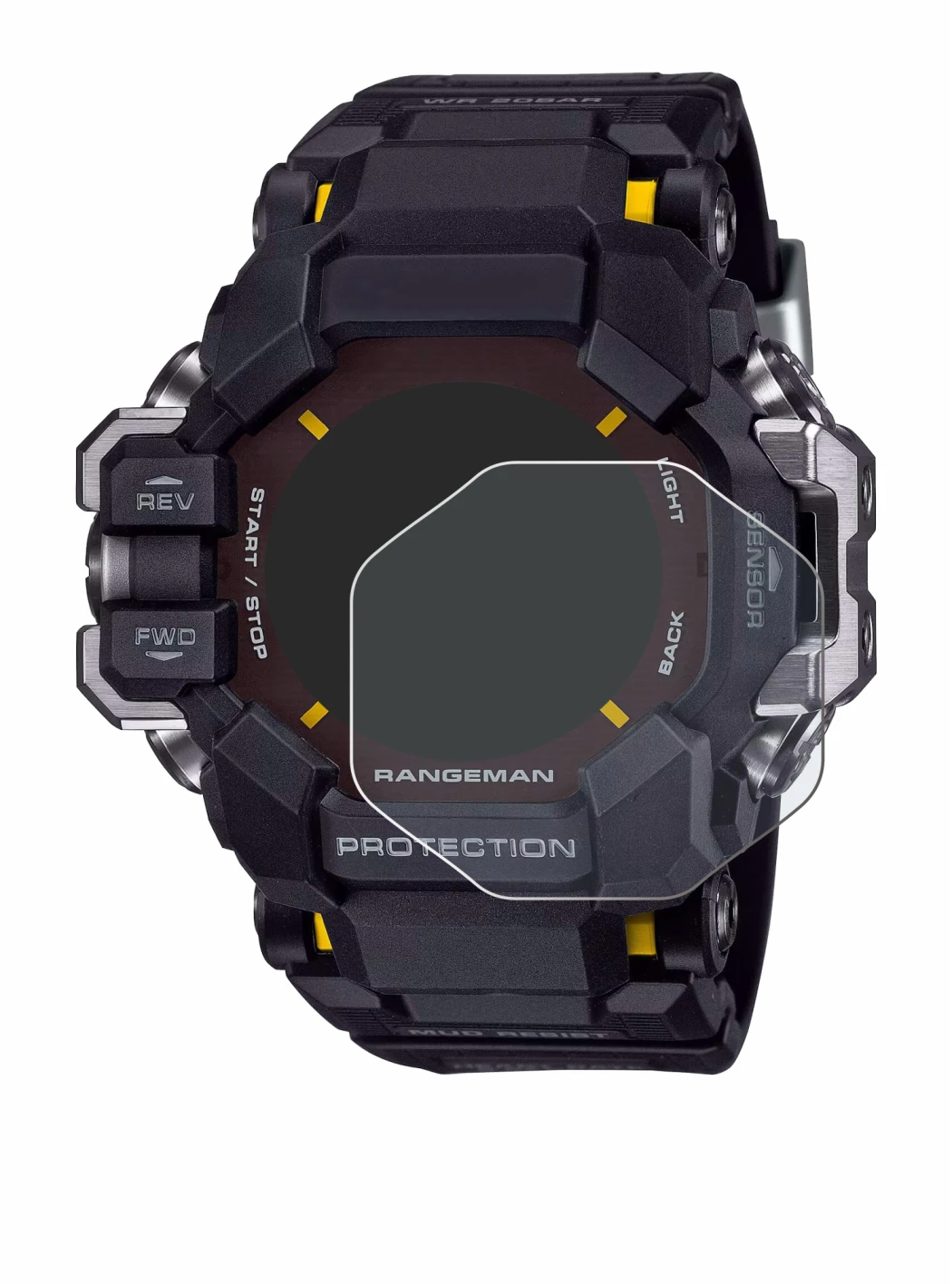 Abbildung des Geräts Casio G-Shock GPR-H 1000 mit einer Vielzahl des Displayschutzes.