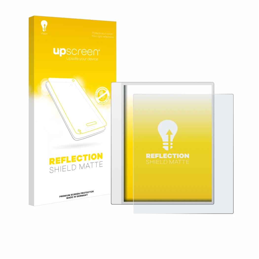 Vorderseite einer Produktverpackung mit dem Markenlogo upscreen. Daneben ist das Gerät Boox Note Max mit dem zugehörigen Displ