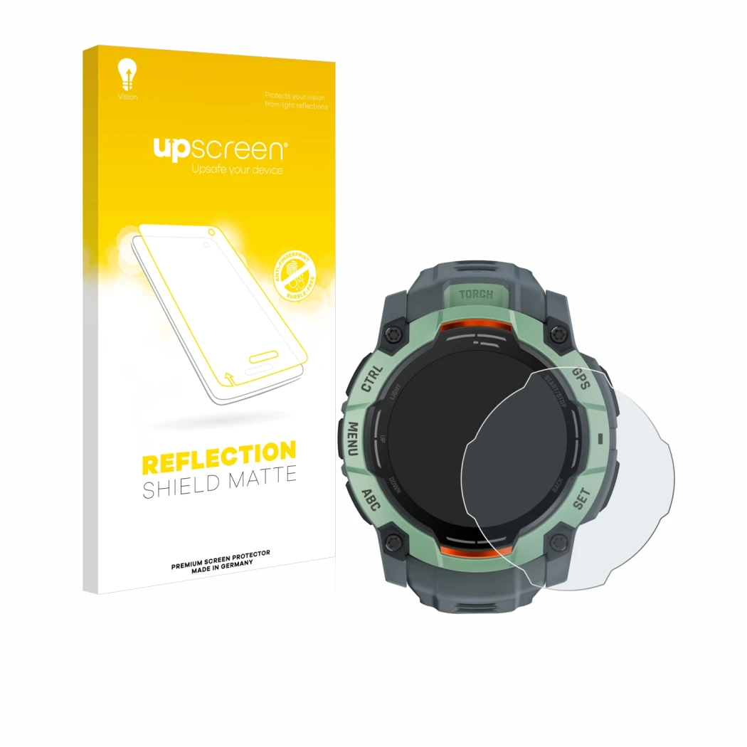Vorderseite einer Produktverpackung mit dem Markenlogo upscreen. Daneben ist das Gerät Garmin Instinct 3 AMOLED (50 mm) mit de