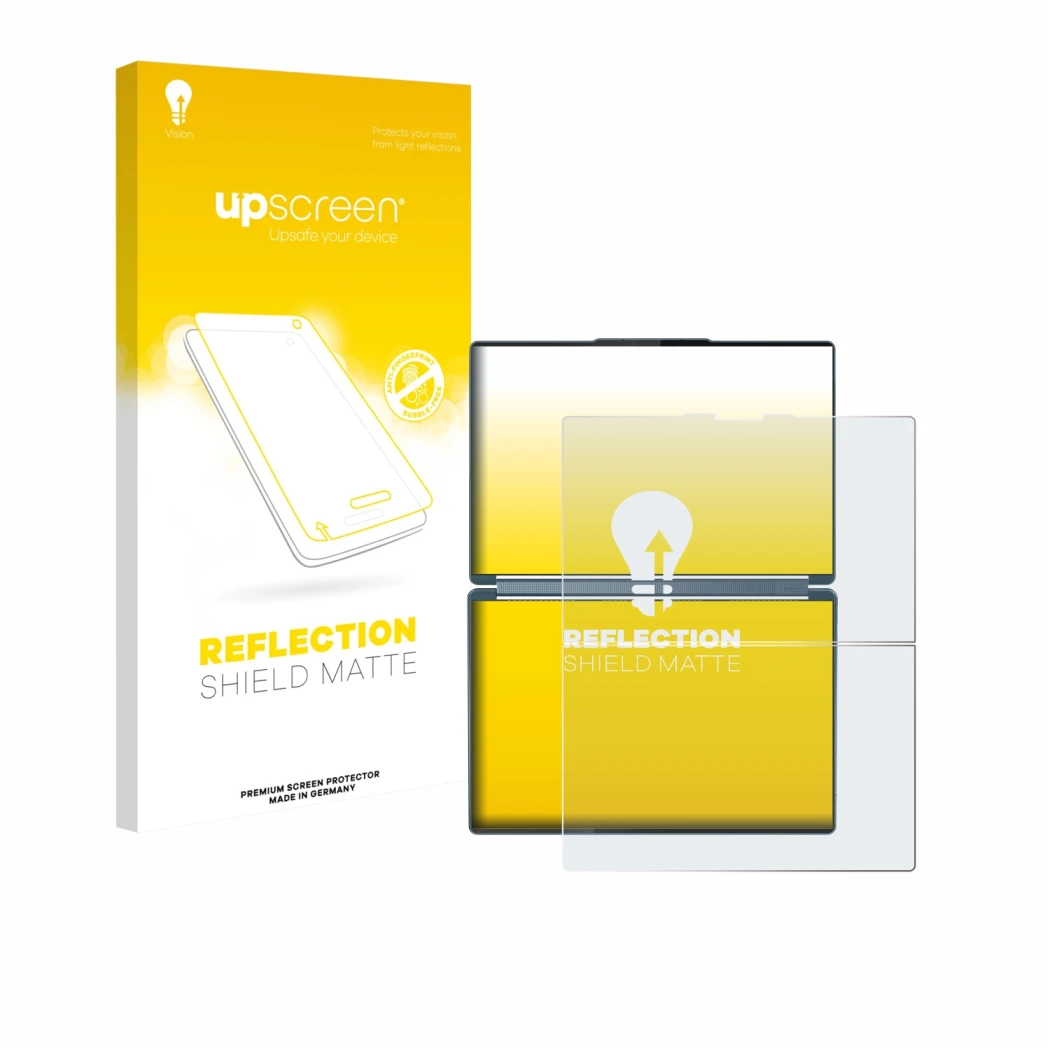 Vorderseite einer Produktverpackung mit dem Markenlogo upscreen. Daneben ist das Gerät Lenovo Yoga Book 9i Gen 10 mit dem zuge