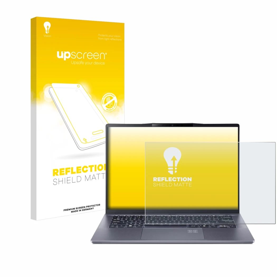 Vorderseite einer Produktverpackung mit dem Markenlogo upscreen. Daneben ist das Gerät Acer Swift Go 14 AI mit dem zugehörigen