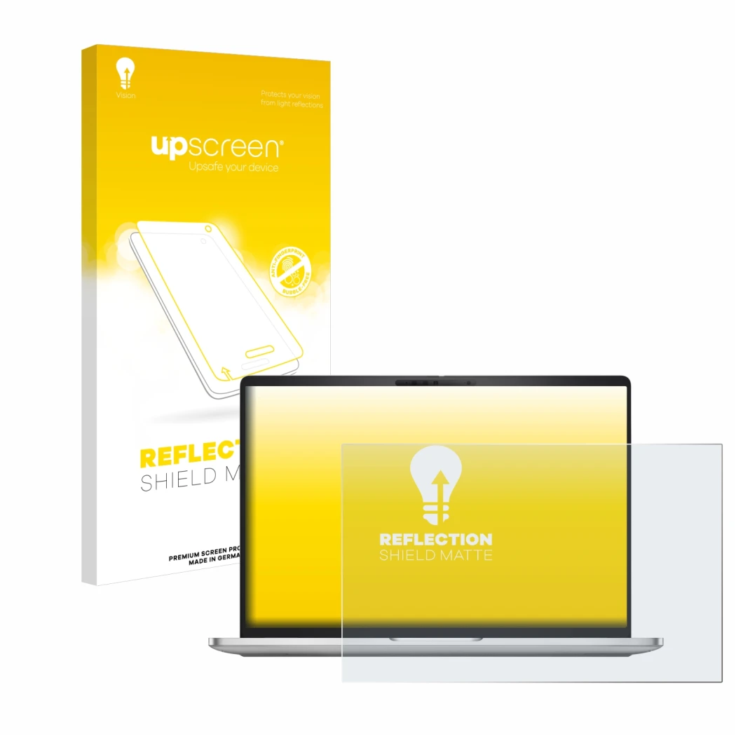 Vorderseite einer Produktverpackung mit dem Markenlogo upscreen. Daneben ist das Gerät Dell Pro 16 Plus PB16250 mit dem zugehö