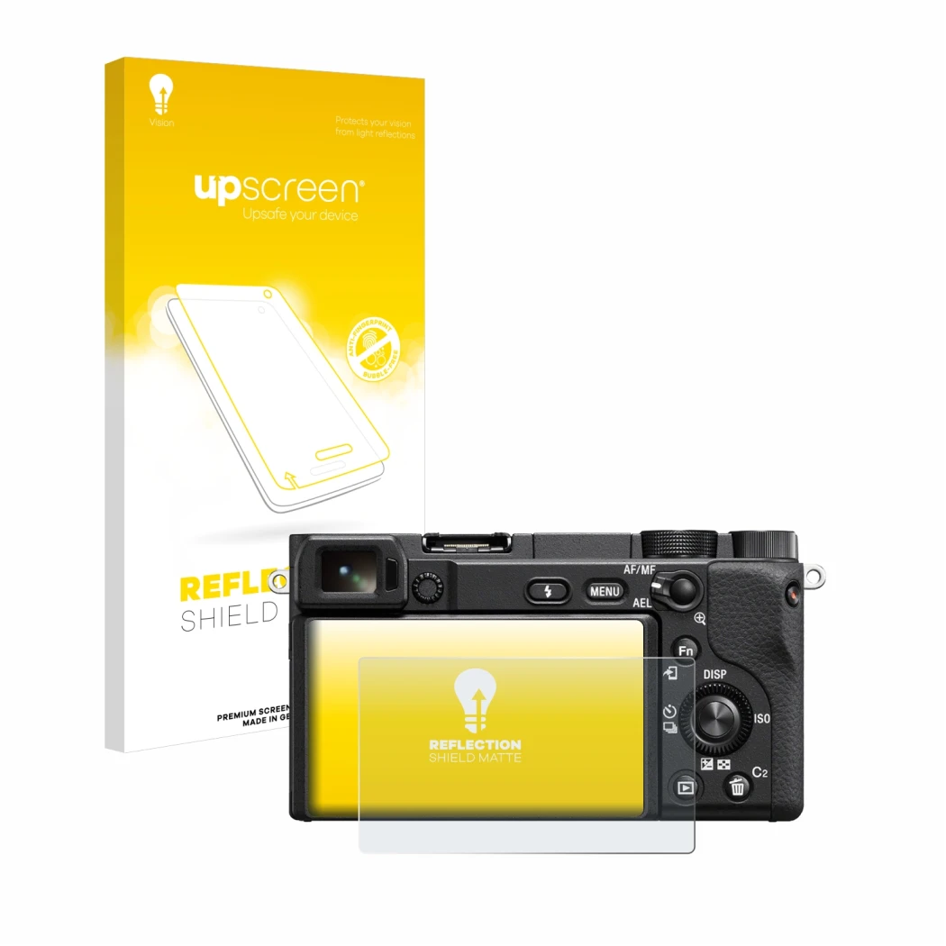 Vorderseite einer Produktverpackung mit dem Markenlogo upscreen. Daneben ist das Gerät Sony Alpha 6100A mit dem zugehörigen Di