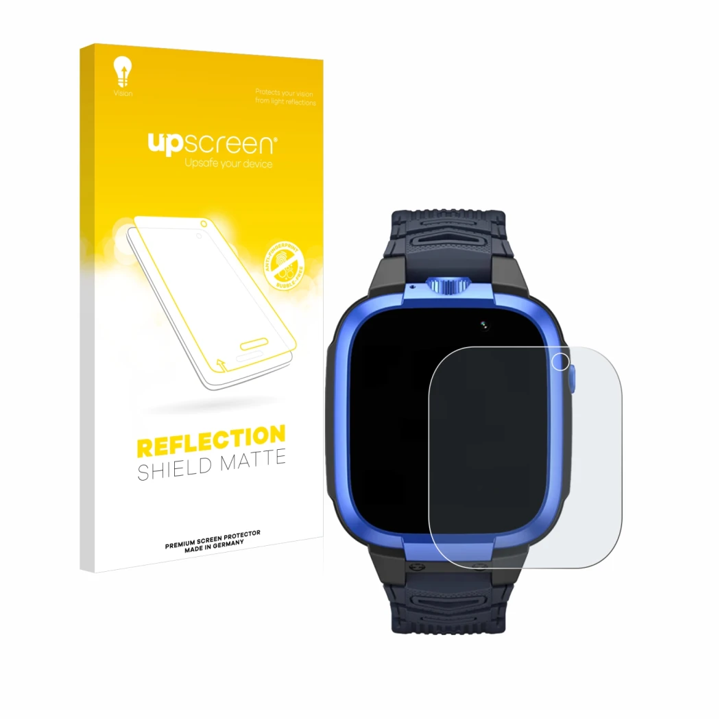 Vorderseite einer Produktverpackung mit dem Markenlogo upscreen. Daneben ist das Gerät Xiaomi Mibro Kids Z3 mit dem zugehörige