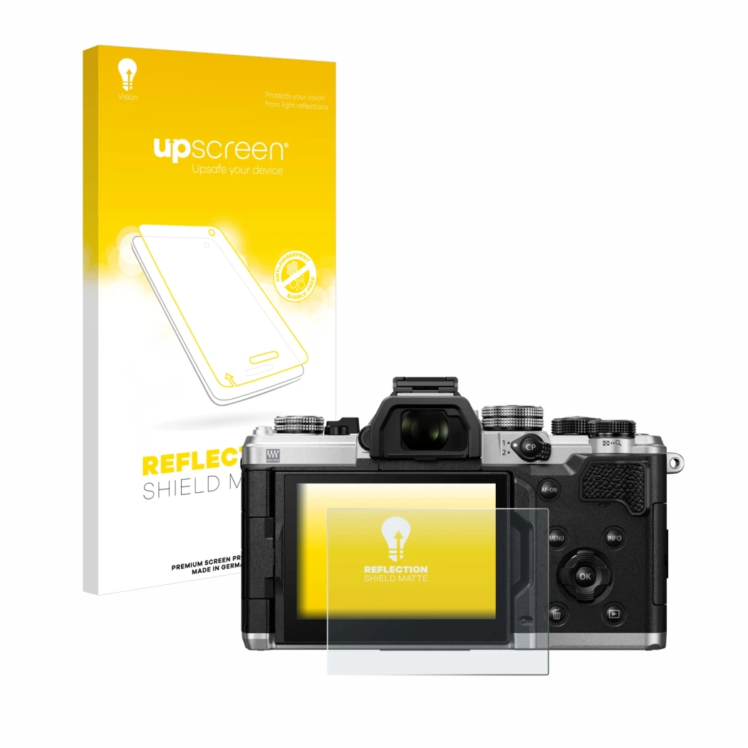 Vorderseite einer Produktverpackung mit dem Markenlogo upscreen. Daneben ist das Gerät OM System OM-3 mit dem zugehörigen Disp