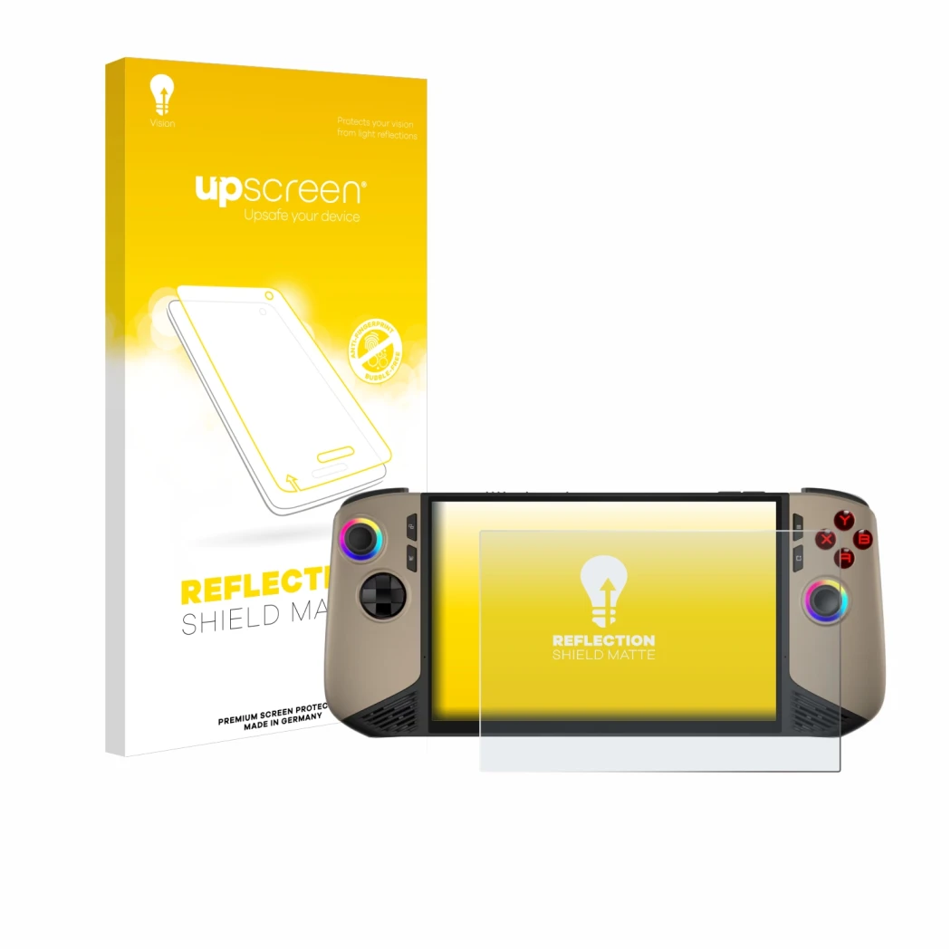 Vorderseite einer Produktverpackung mit dem Markenlogo upscreen. Daneben ist das Gerät MSI Claw 8 AI+ mit dem zugehörigen Disp