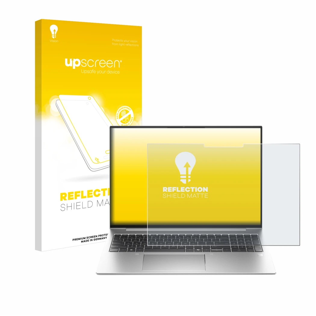 Vorderseite einer Produktverpackung mit dem Markenlogo upscreen. Daneben ist das Gerät HP EliteBook 835 G11 mit dem zugehörige