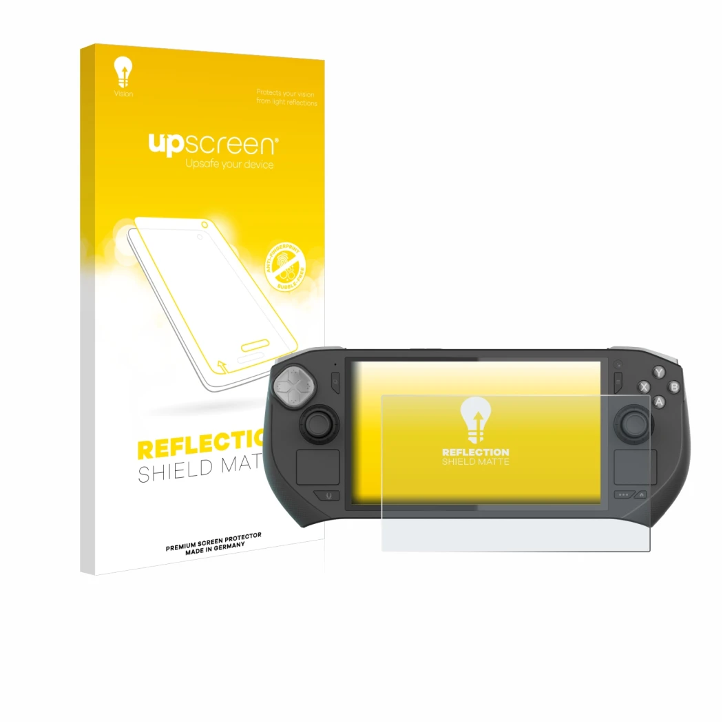 Vorderseite einer Produktverpackung mit dem Markenlogo upscreen. Daneben ist das Gerät Zotac Gaming Zone mit dem zugehörigen D