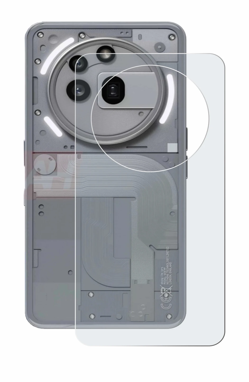 Abbildung des Geräts Nothing Phone (3a) Pro (Rückseite) mit einer Vielzahl des Displayschutzes.