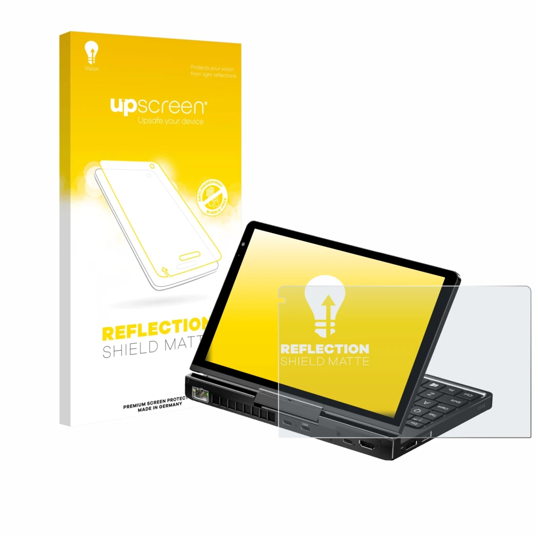 Vorderseite einer Produktverpackung mit dem Markenlogo upscreen. Daneben ist das Gerät GPD Pocket 4 mit dem zugehörigen Displa