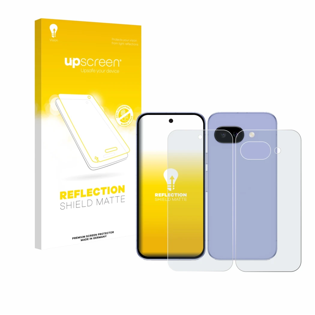 Vorderseite einer Produktverpackung mit dem Markenlogo upscreen. Daneben ist das Gerät Google Pixel 9a (Display+Rückseite) mit