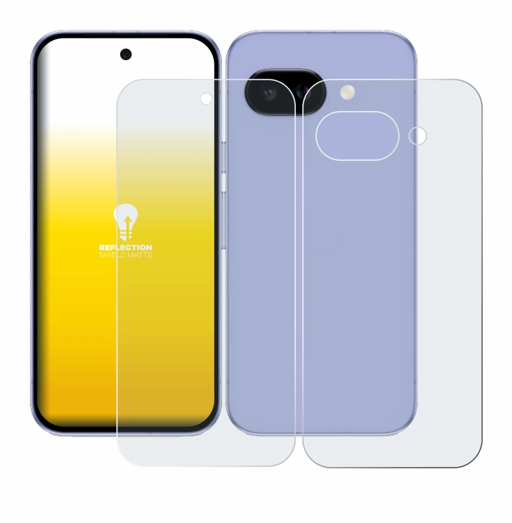 Abbildung des Geräts Google Pixel 9a (Display+Rückseite) mit einer Vielzahl des Displayschutzes.