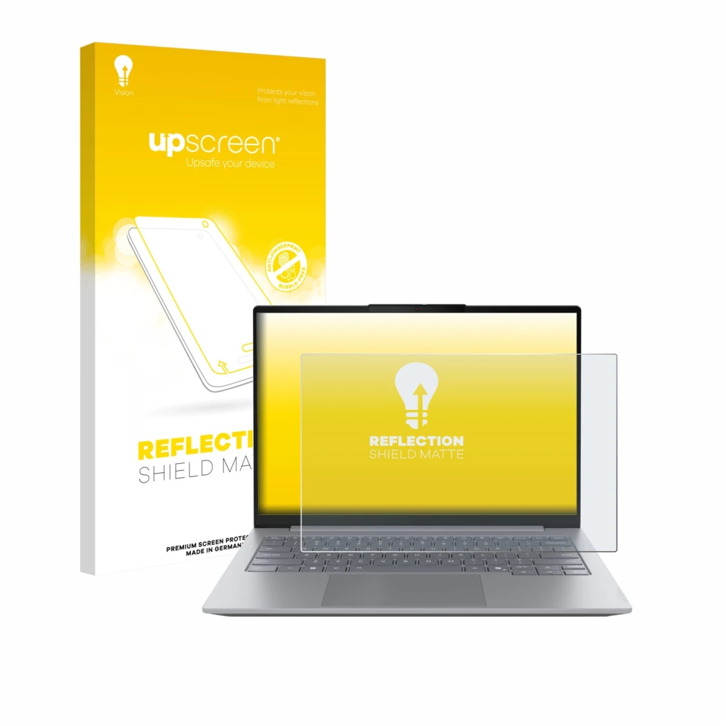 Vorderseite einer Produktverpackung mit dem Markenlogo upscreen. Daneben ist das Gerät Lenovo ThinkBook 14 Gen 8 mit dem zugeh