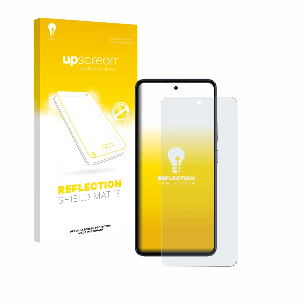 Vorderseite einer Produktverpackung mit dem Markenlogo upscreen. Daneben ist das Gerät realme 14 mit dem zugehörigen Displaysc