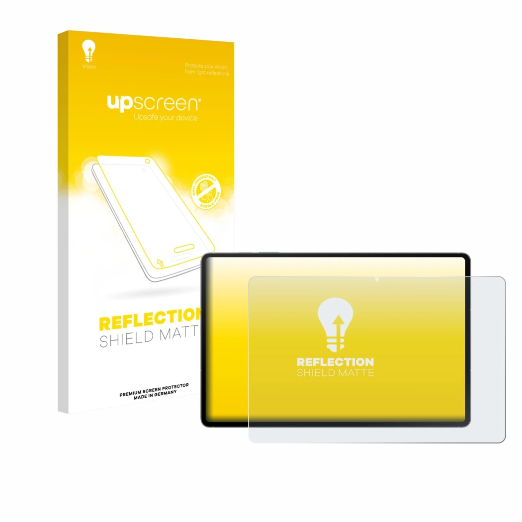 Vorderseite einer Produktverpackung mit dem Markenlogo upscreen. Daneben ist das Gerät Samsung Galaxy Tab S10 FE+ WiFi mit dem