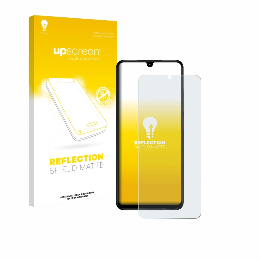 Vorderseite einer Produktverpackung mit dem Markenlogo upscreen. Daneben ist das Gerät Xiaomi Poco C71 mit dem zugehörigen Dis