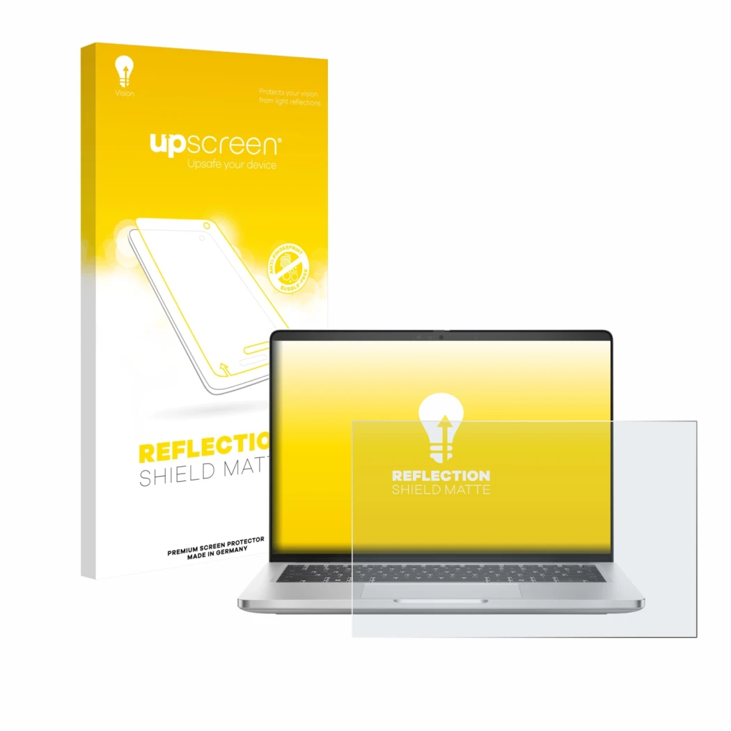 Vorderseite einer Produktverpackung mit dem Markenlogo upscreen. Daneben ist das Gerät Dell Pro 14 Plus PB14250 mit dem zugehö