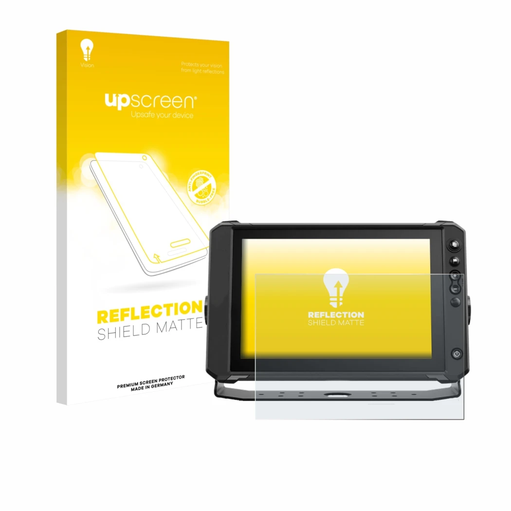 Vorderseite einer Produktverpackung mit dem Markenlogo upscreen. Daneben ist das Gerät Lowrance Elite FS 10 mit dem zugehörige