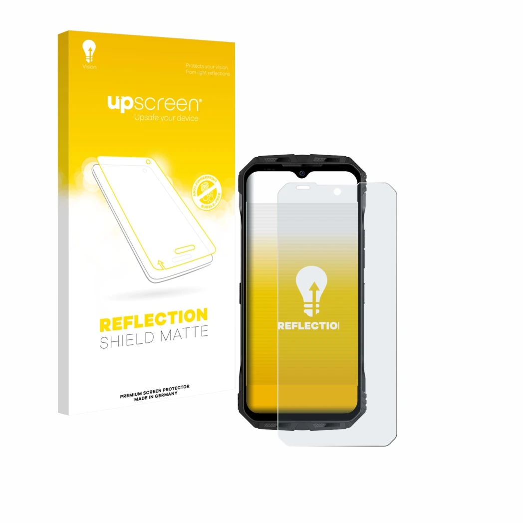 Vorderseite einer Produktverpackung mit dem Markenlogo upscreen. Daneben ist das Gerät Doogee V Max S mit dem zugehörigen Disp