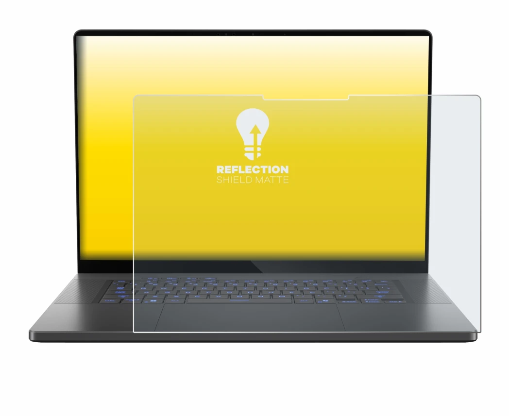 Abbildung des Geräts ASUS ROG Zephyrus G16 2025 mit einer Vielzahl des Displayschutzes.