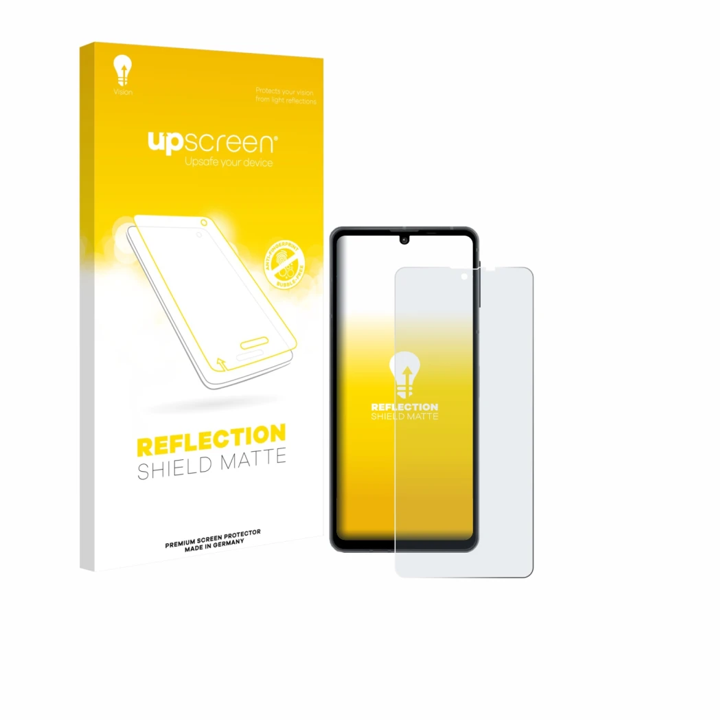 Vorderseite einer Produktverpackung mit dem Markenlogo upscreen. Daneben ist das Gerät Sharp Aquos Sense 8 mit dem zugehörigen