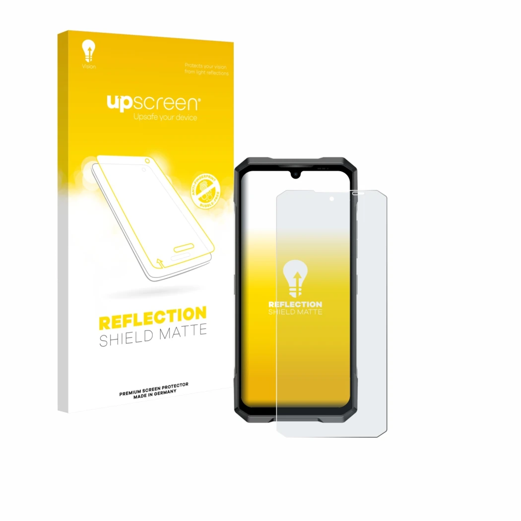 Vorderseite einer Produktverpackung mit dem Markenlogo upscreen. Daneben ist das Gerät Doogee Blade GT Play mit dem zugehörige