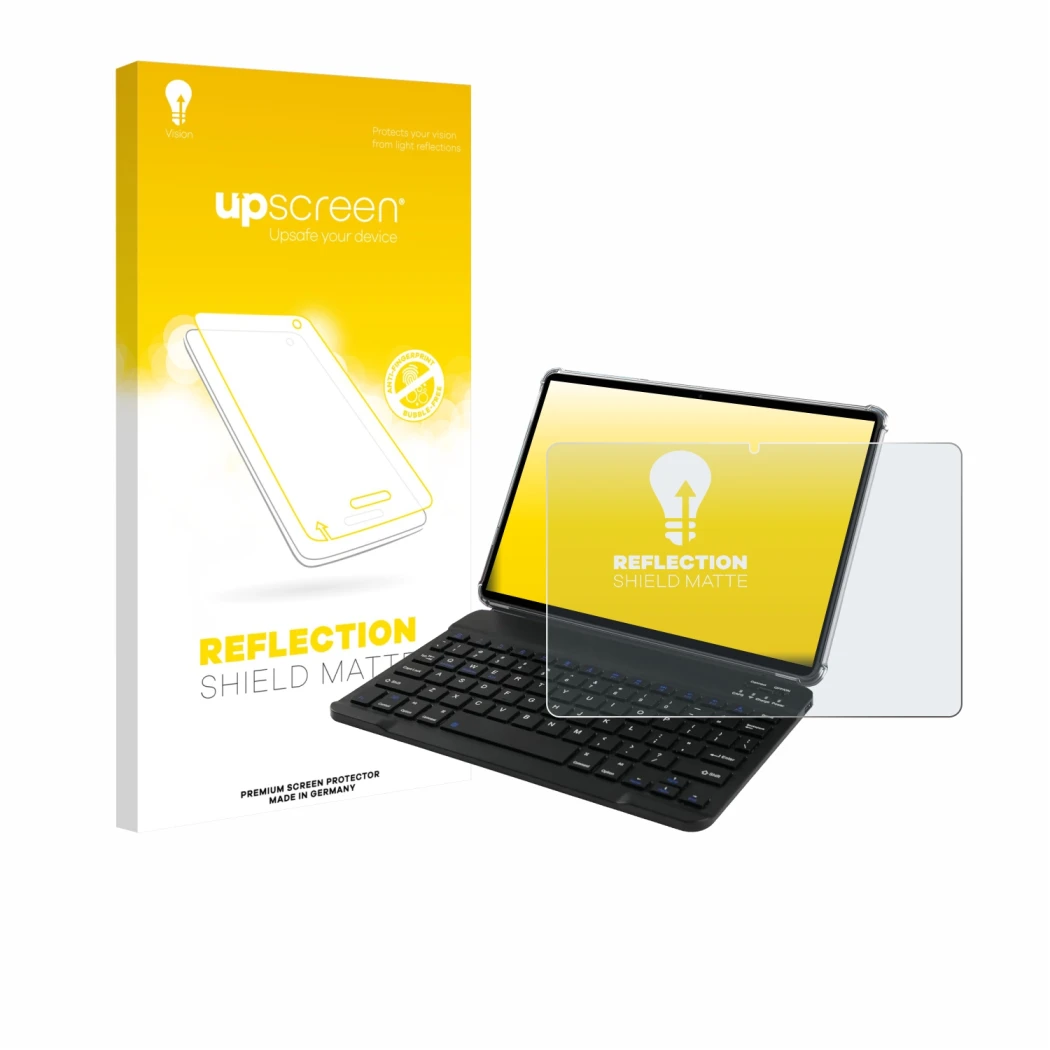 Vorderseite einer Produktverpackung mit dem Markenlogo upscreen. Daneben ist das Gerät Tabwee T90 mit dem zugehörigen Displays