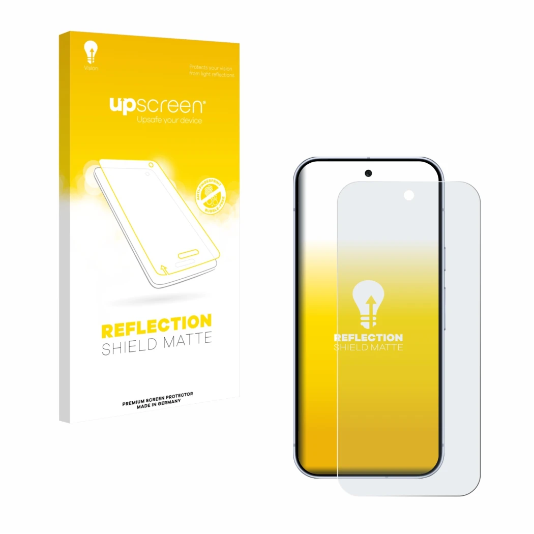 Vorderseite einer Produktverpackung mit dem Markenlogo upscreen. Daneben ist das Gerät Google Pixel 10 Pro mit dem zugehörigen