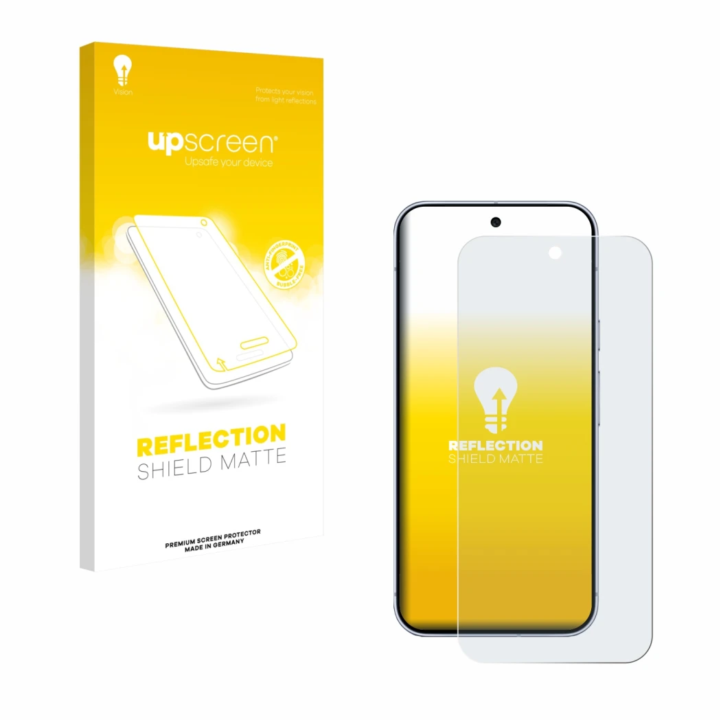 Vorderseite einer Produktverpackung mit dem Markenlogo upscreen. Daneben ist das Gerät Google Pixel 10 Pro XL mit dem zugehöri