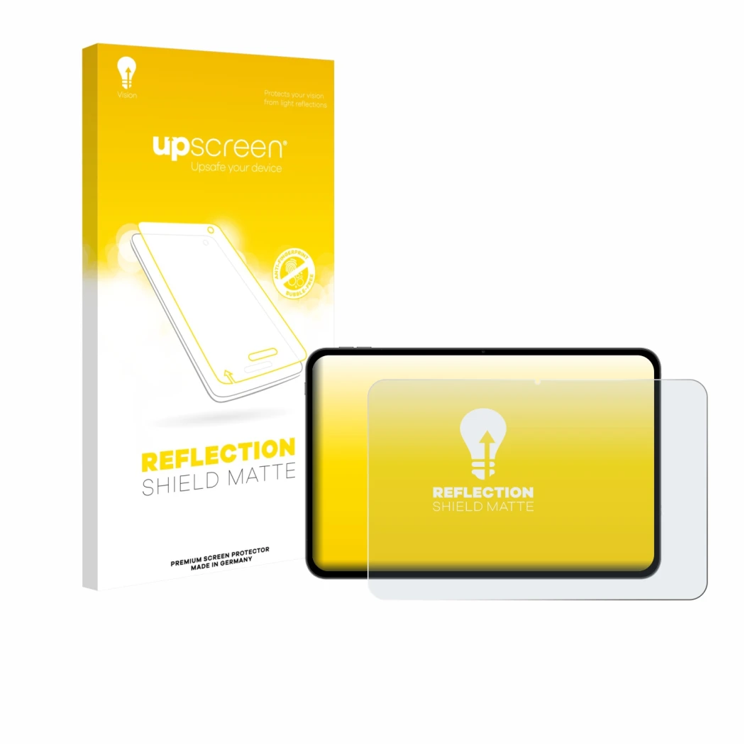Vorderseite einer Produktverpackung mit dem Markenlogo upscreen. Daneben ist das Gerät Teclast T65 mit dem zugehörigen Display