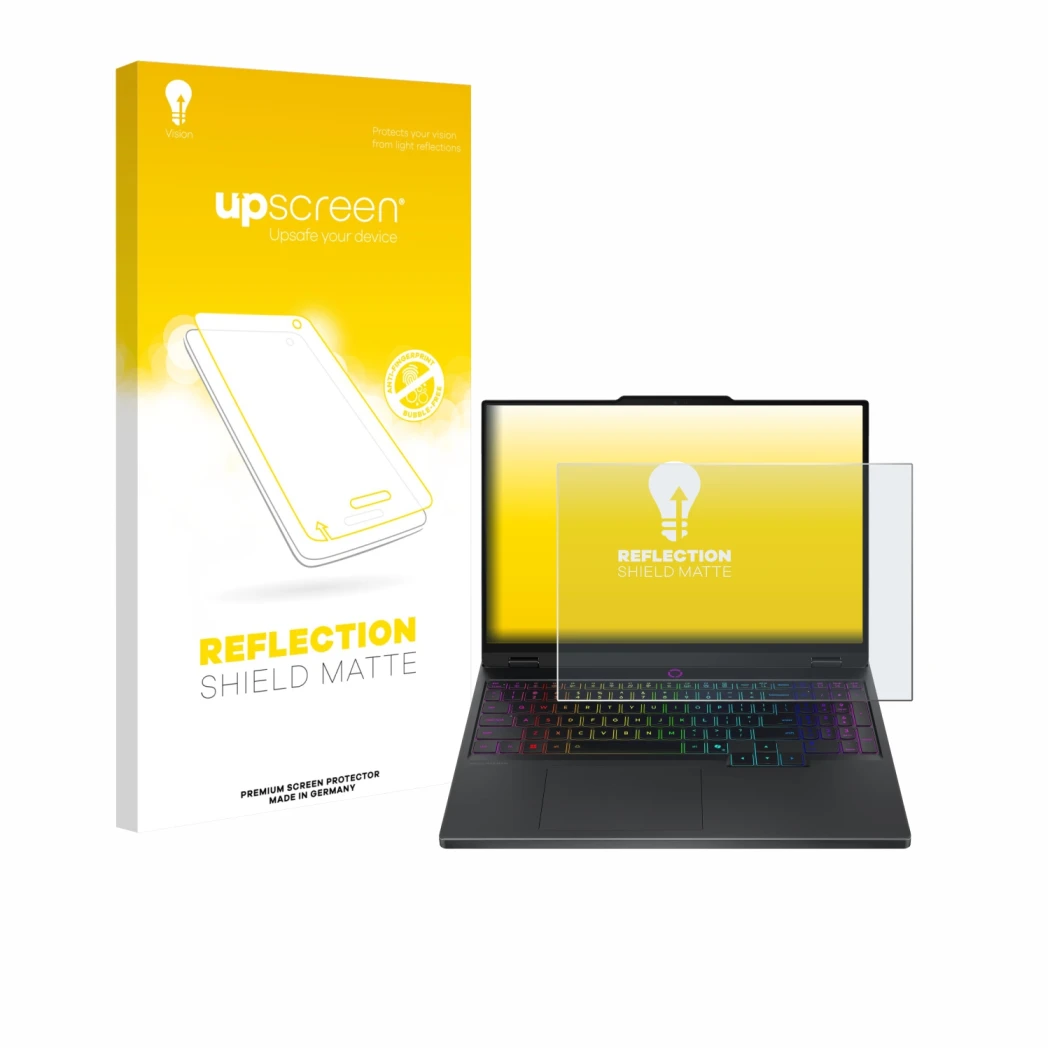 Vorderseite einer Produktverpackung mit dem Markenlogo upscreen. Daneben ist das Gerät Lenovo Legion 5 15IRX10 83LY mit dem zu