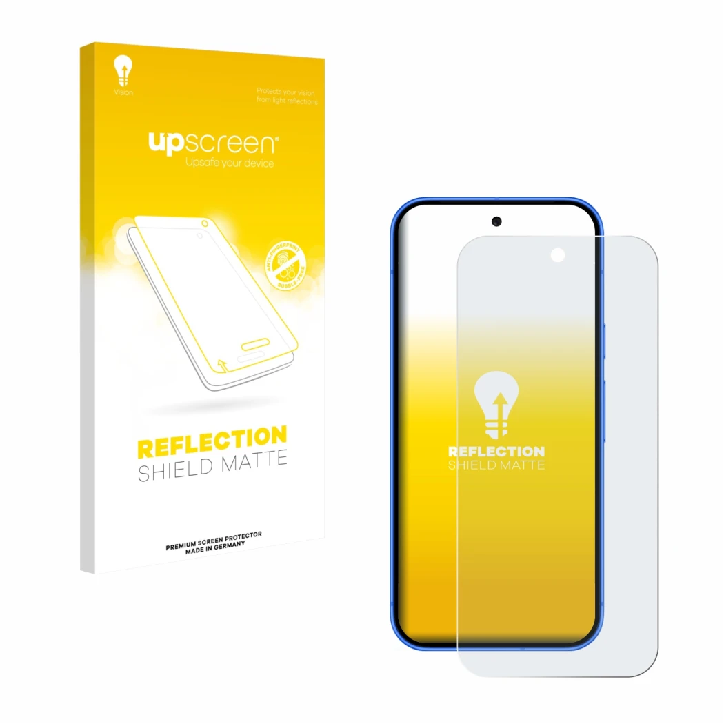 Vorderseite einer Produktverpackung mit dem Markenlogo upscreen. Daneben ist das Gerät Google Pixel 10 mit dem zugehörigen Dis