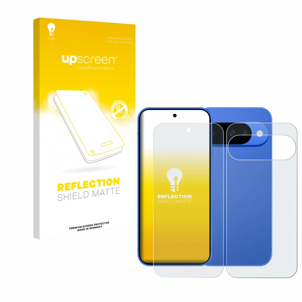 Vorderseite einer Produktverpackung mit dem Markenlogo upscreen. Daneben ist das Gerät Google Pixel 10 (Display+Rückseite) mit