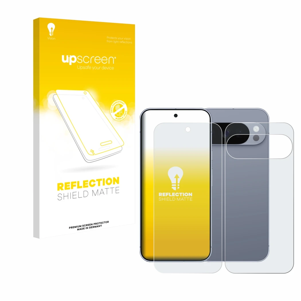 Vorderseite einer Produktverpackung mit dem Markenlogo upscreen. Daneben ist das Gerät Google Pixel 10 Pro (Display+Rückseite)