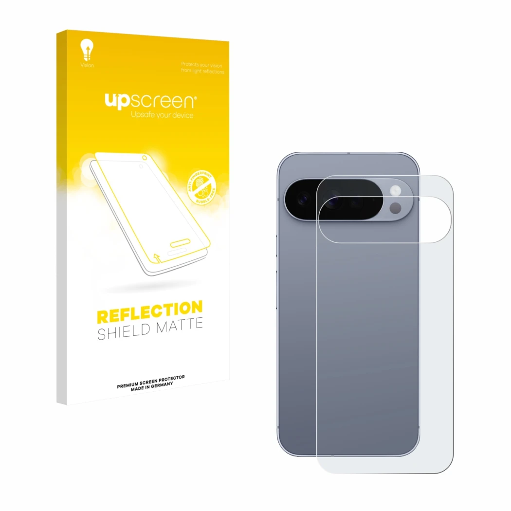 Vorderseite einer Produktverpackung mit dem Markenlogo upscreen. Daneben ist das Gerät Google Pixel 10 Pro XL (Rückseite) mit 