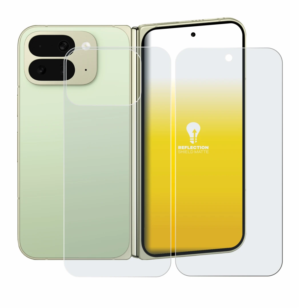 Abbildung des Geräts Google Pixel 10 Pro Fold (Display+Rückseite) mit einer Vielzahl des Displayschutzes.